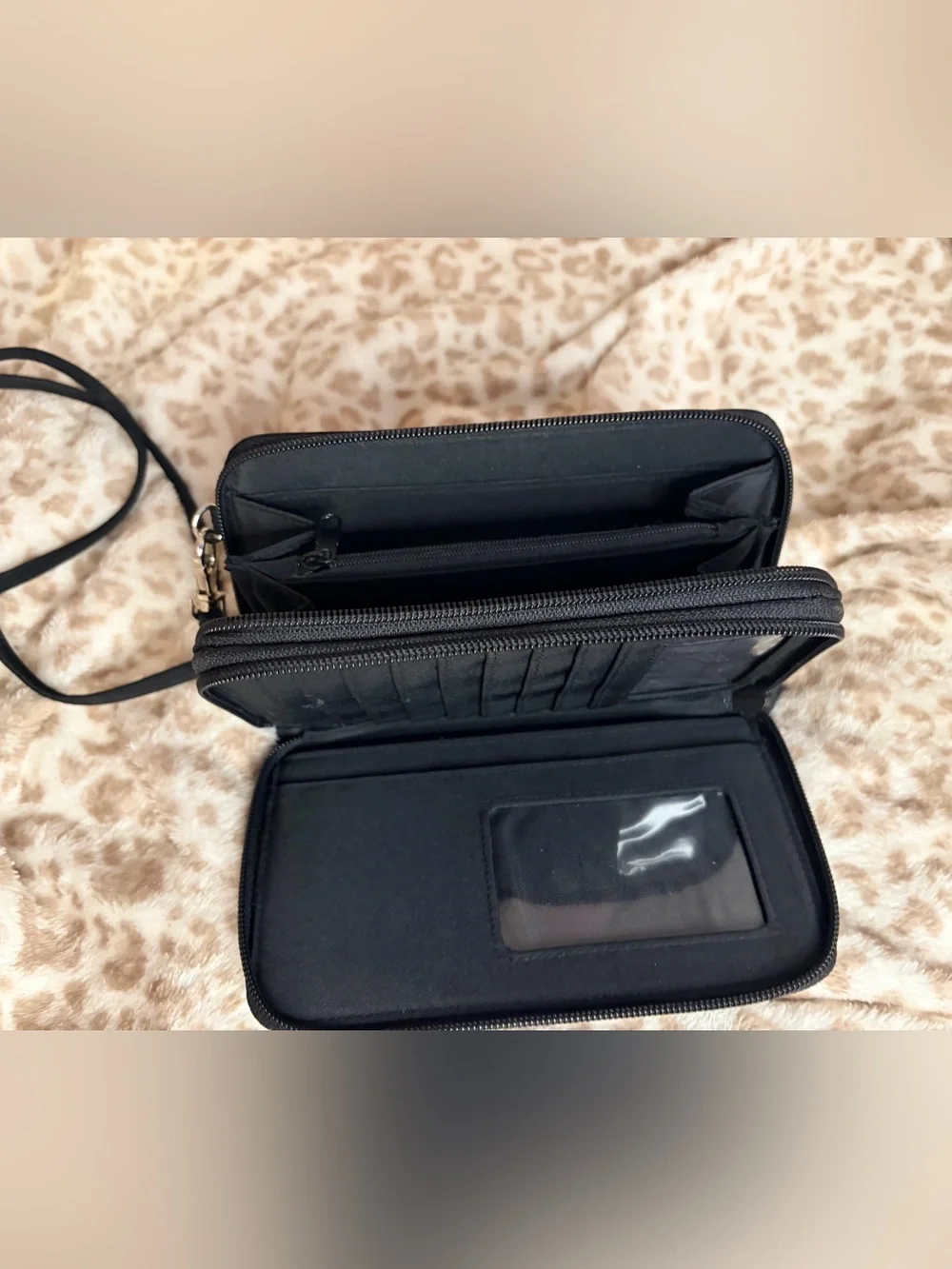 Classic Black Double-Zip Wallet w. Strap | EUC | Two Interior Compartments